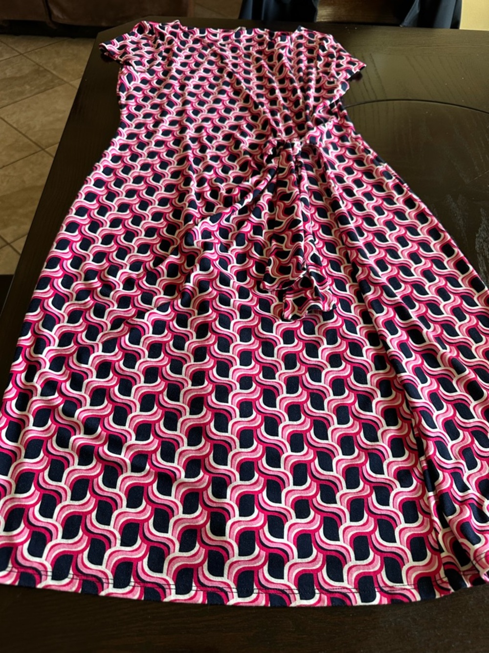 Talbots Pink and Navy Geometric Faux Wrap Dress